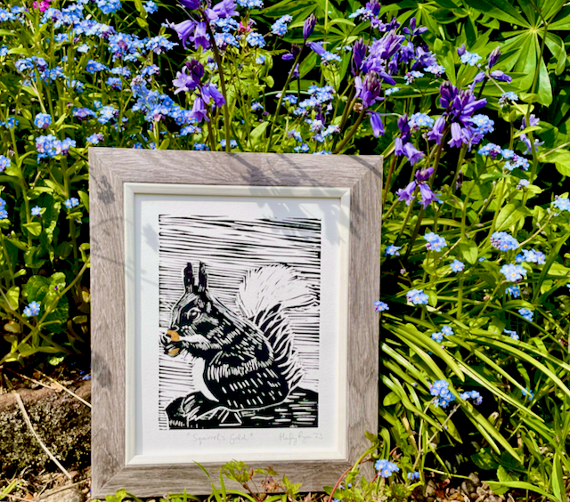 Squirrel Linoprint -"Squirrel's Gold"