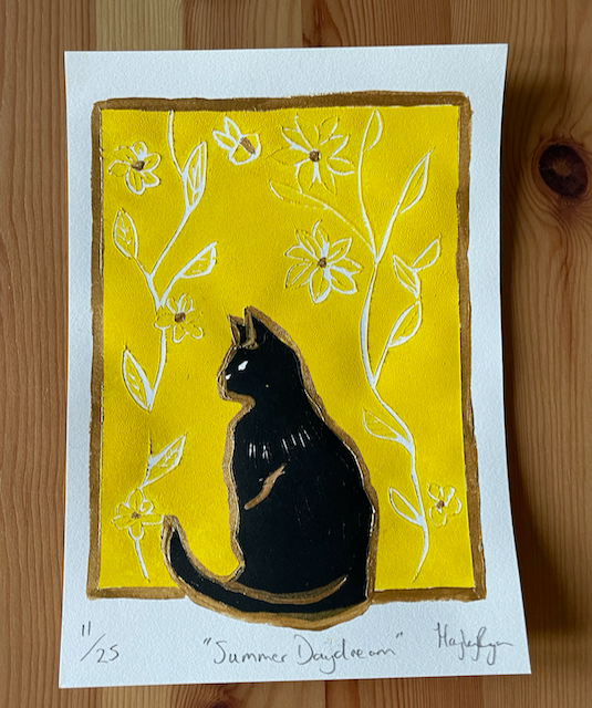 Black Cat Linoprint Print-"Summer Daydream"