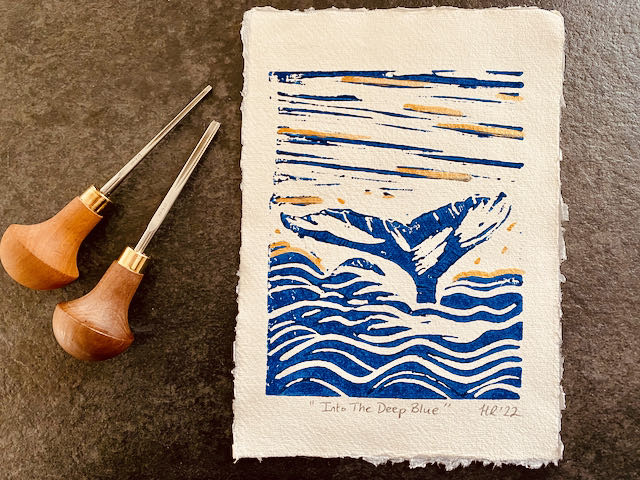 Framed Whale Linoprint-"Into The Deep Blue"-Mini Print