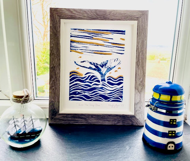 Whale Linoprint- Into The Deep Blue