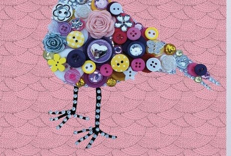 Bird Print -Print of handmade singing button bird art