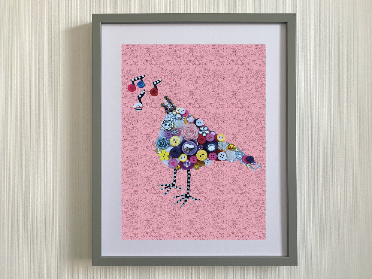 Bird Print -Print of handmade singing button bird art