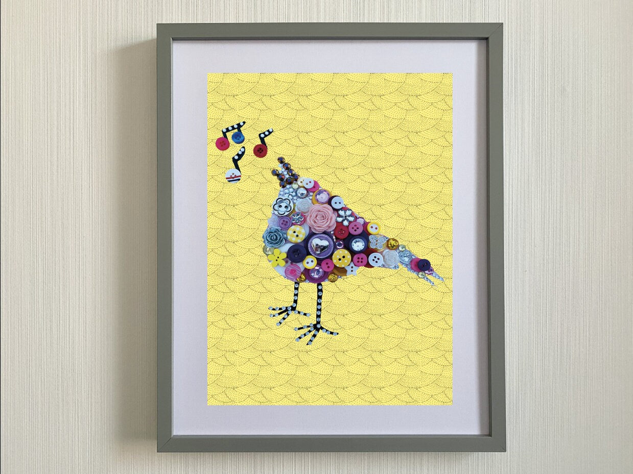 Bird Print -Print of handmade singing button bird art