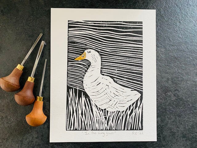 Duck Linoprint-"In The Long Grass"