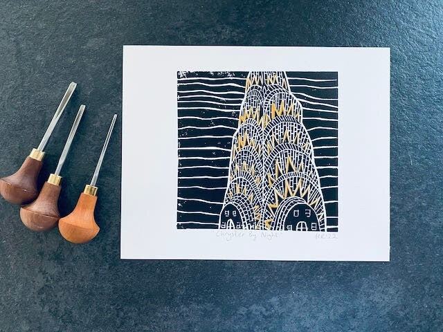 Chrysler Building Linoprint-"Chrysler By Night"