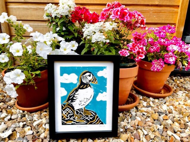 Puffin Linocut Print-"Puffin Rock"