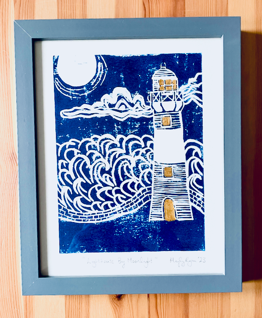 Framed Lino Print-"Lighthouse By Moonlight"