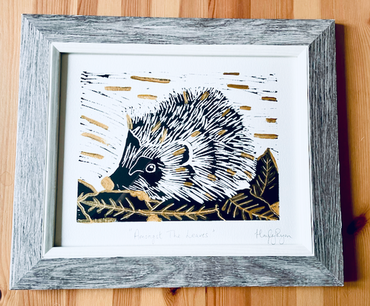 Hedgehog Linocut Print-"Amongst the Leaves"-Framed Print