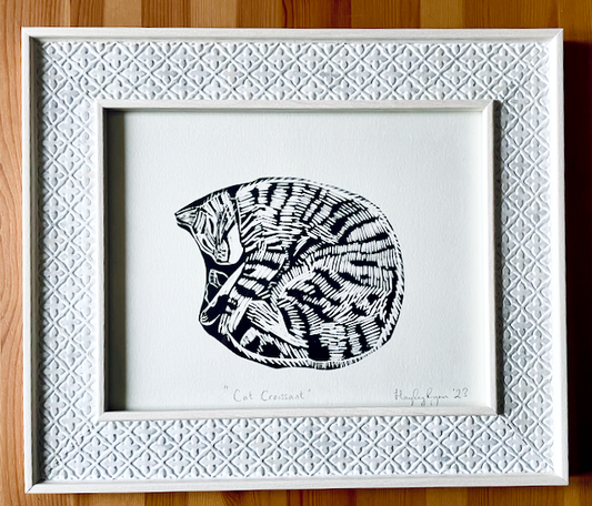Framed " Cat Croissant" Lino Print