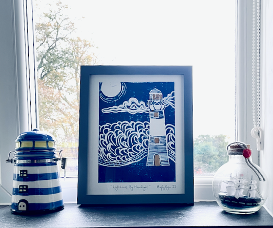 Framed Lino Print-"Lighthouse By Moonlight"