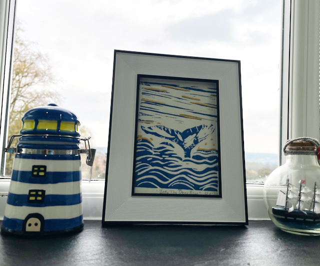 Framed Whale Linoprint-"Into The Deep Blue"-Mini Print
