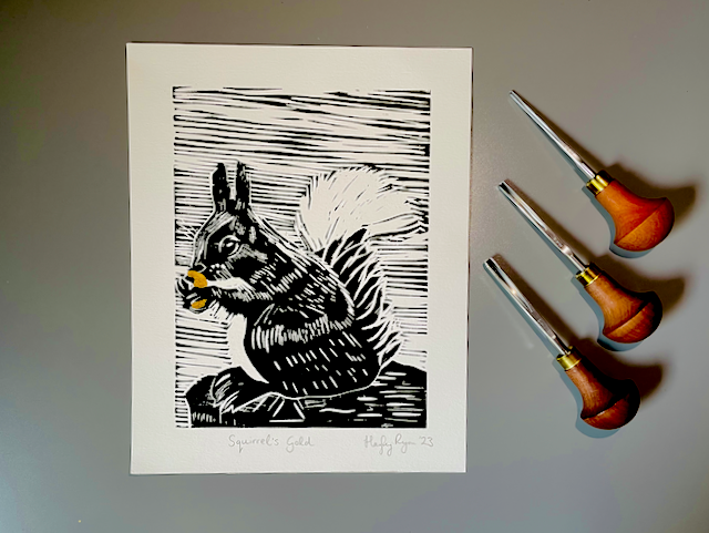 Squirrel Linoprint -"Squirrel's Gold"