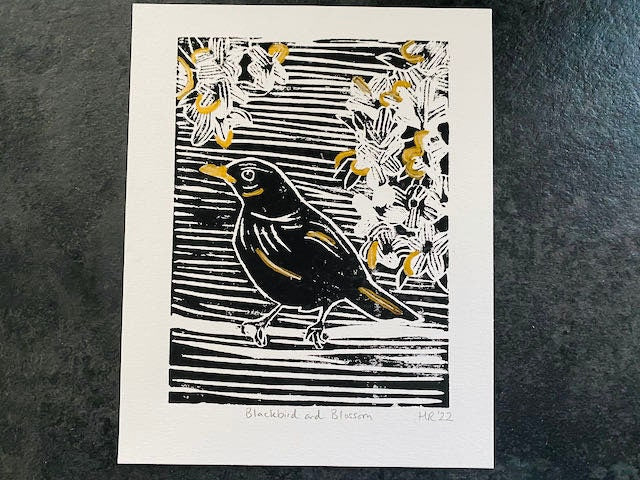 Blackbird Linoprint - Blackbird and Blossom