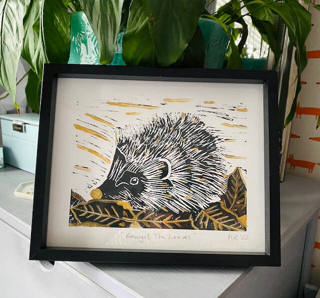 Hedgehog Linoprint -Amongst the Leaves