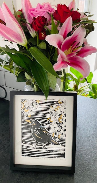 Blackbird Linoprint - Blackbird and Blossom