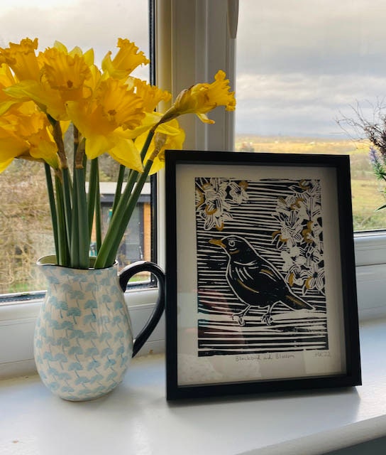 Blackbird Linoprint - Blackbird and Blossom