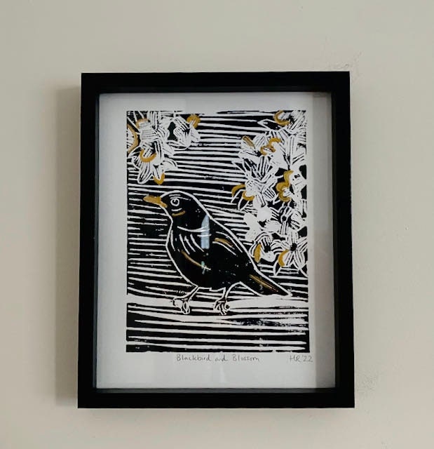 Blackbird Linoprint - Blackbird and Blossom