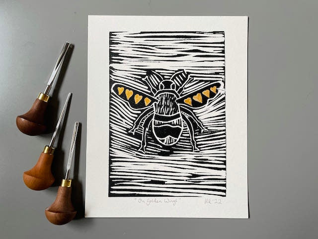 Bee Linoprint-"On Golden Wings"