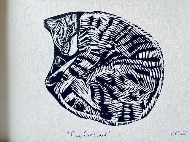 Cat linoprint-"Cat croissant"