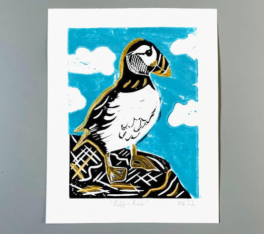 Puffin Linocut Print-"Puffin Rock"