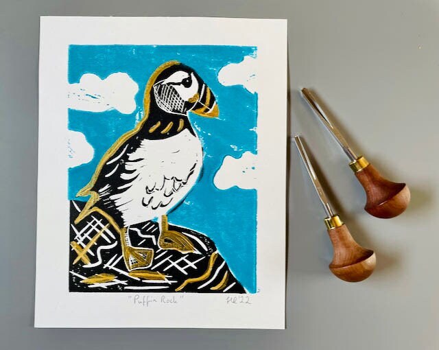 Puffin Linocut Print-"Puffin Rock"
