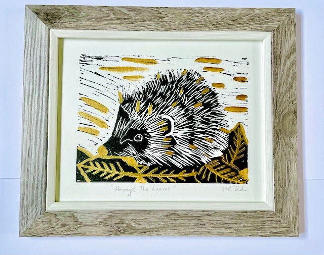 Hedgehog Linoprint -Amongst the Leaves